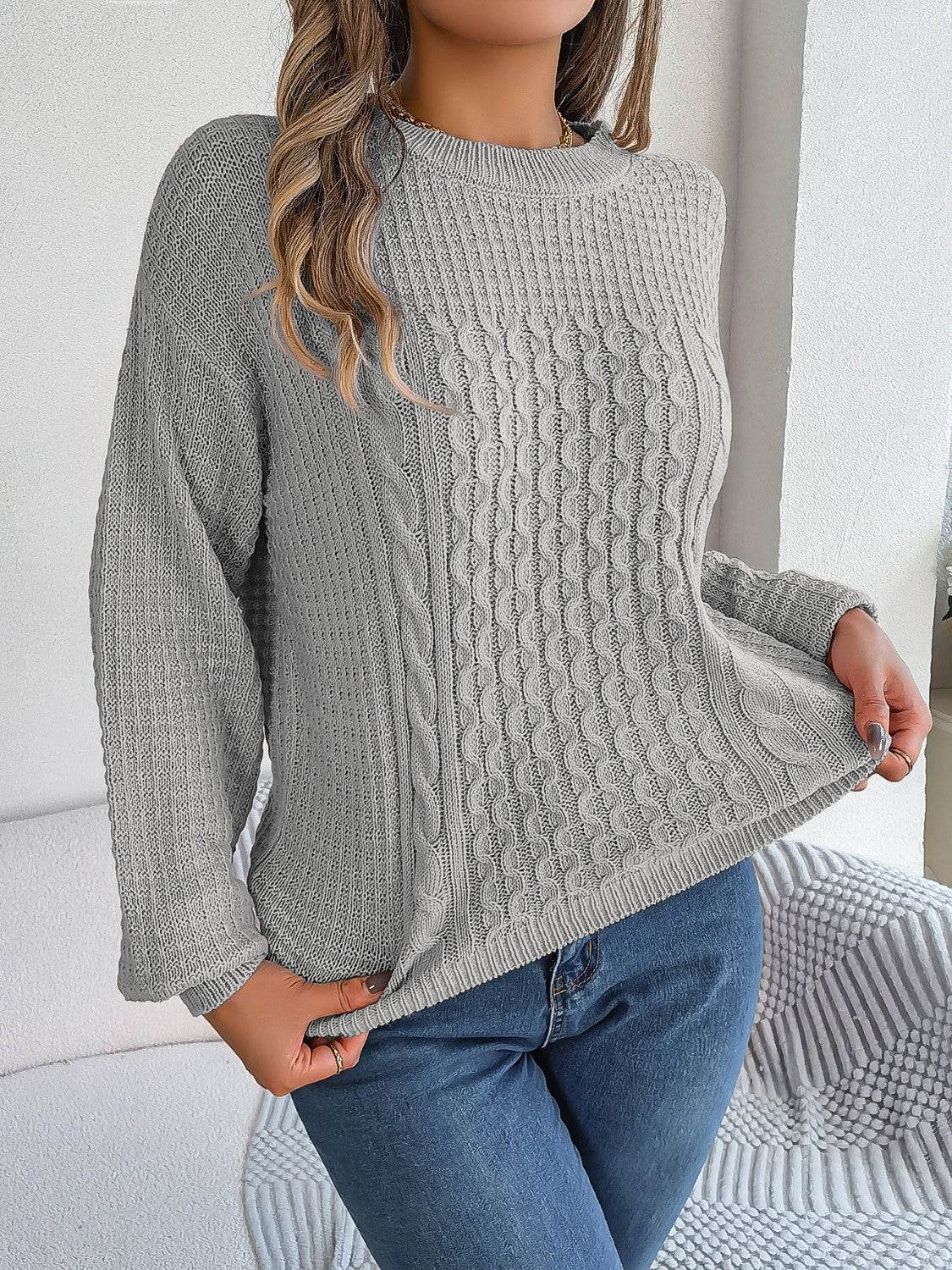 Cable-Knit Round Neck Long Sleeve Sweater Charcoal for a perfect OOTD – dress to impress outfits from Amexza