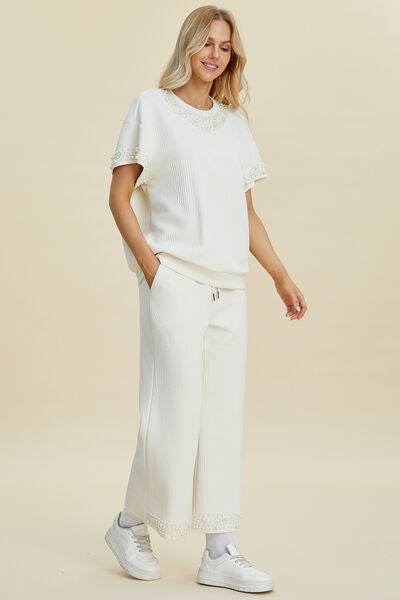 Double Take Full Size Pearl Detail Round Neck Top and Pants Set for a perfect OOTD – dress to impress outfits from Amexza