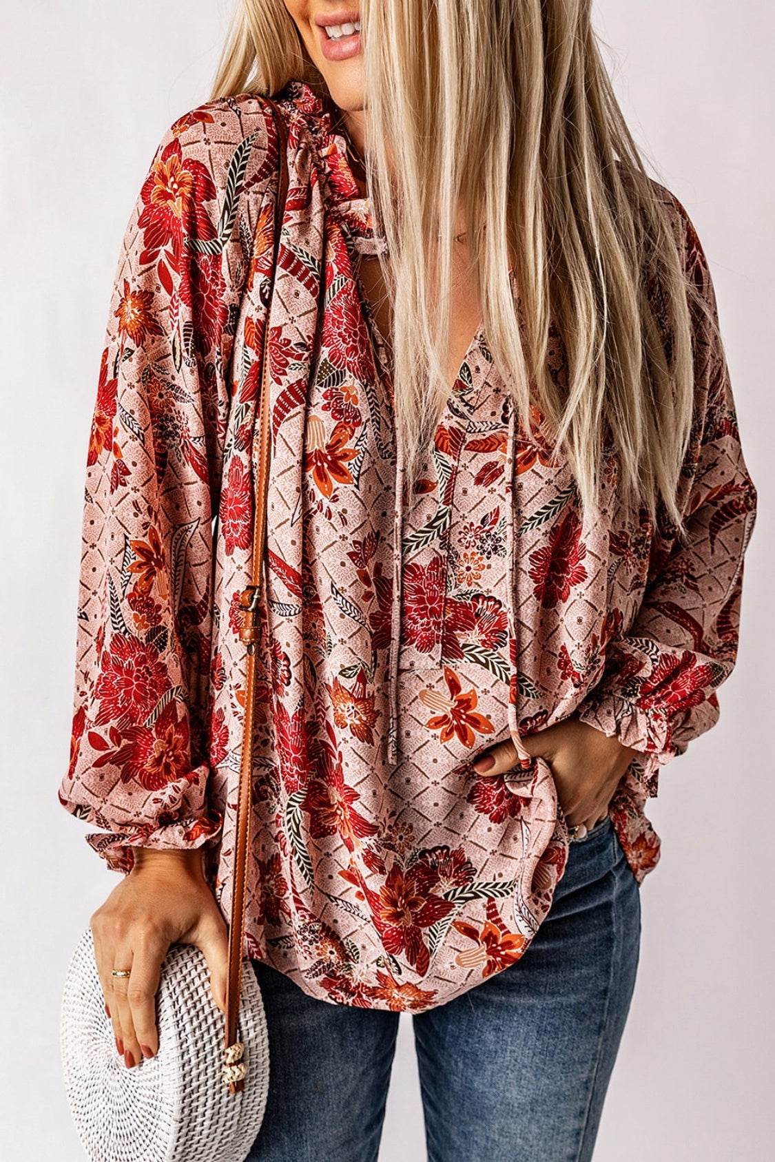 Floral Tie Neck Flounce Sleeve Blouse for a perfect OOTD – dress to impress outfits from Amexza