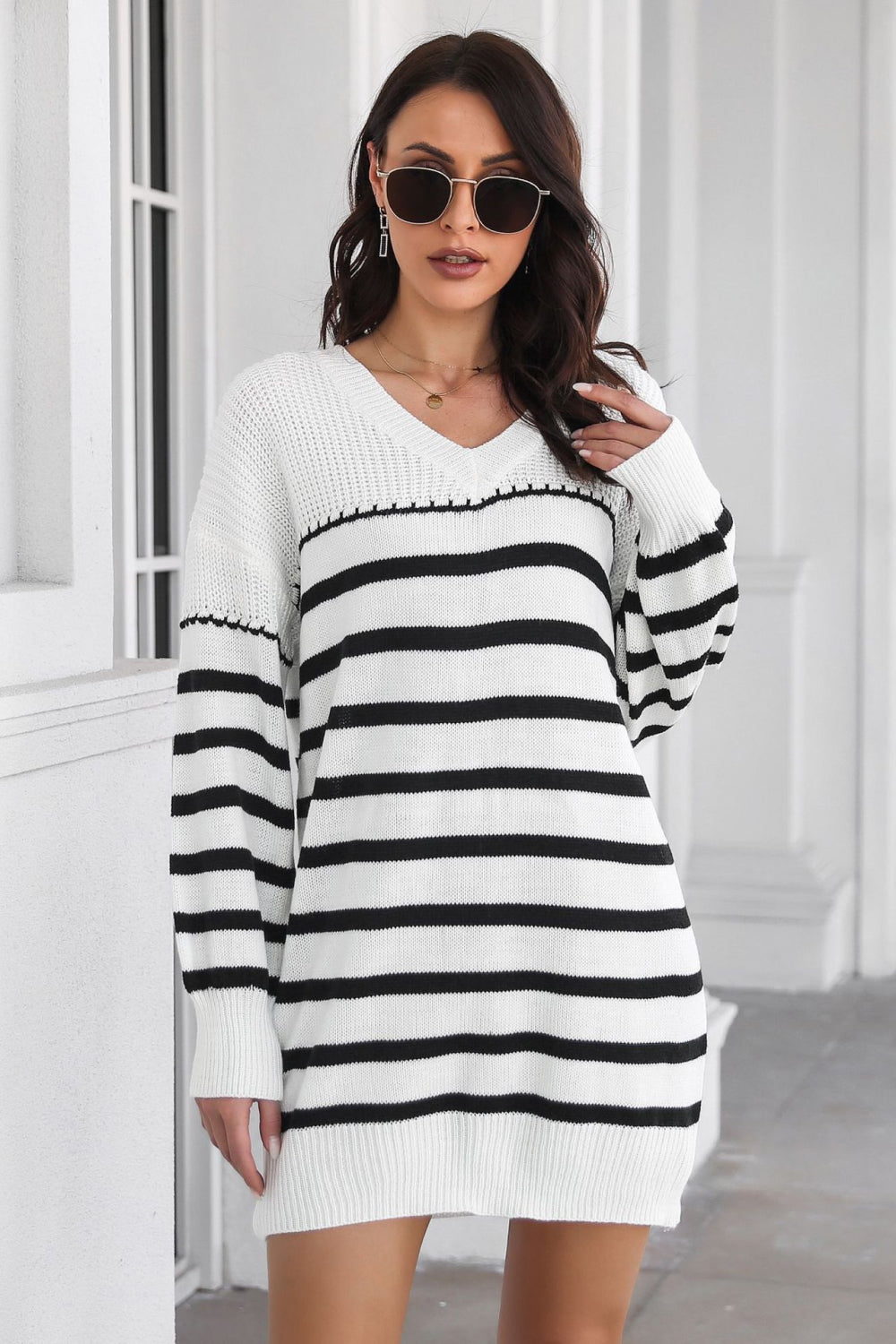 Striped V-Neck Drop Shulder Sweater Dress White for a perfect OOTD – dress to impress outfits from Amexza