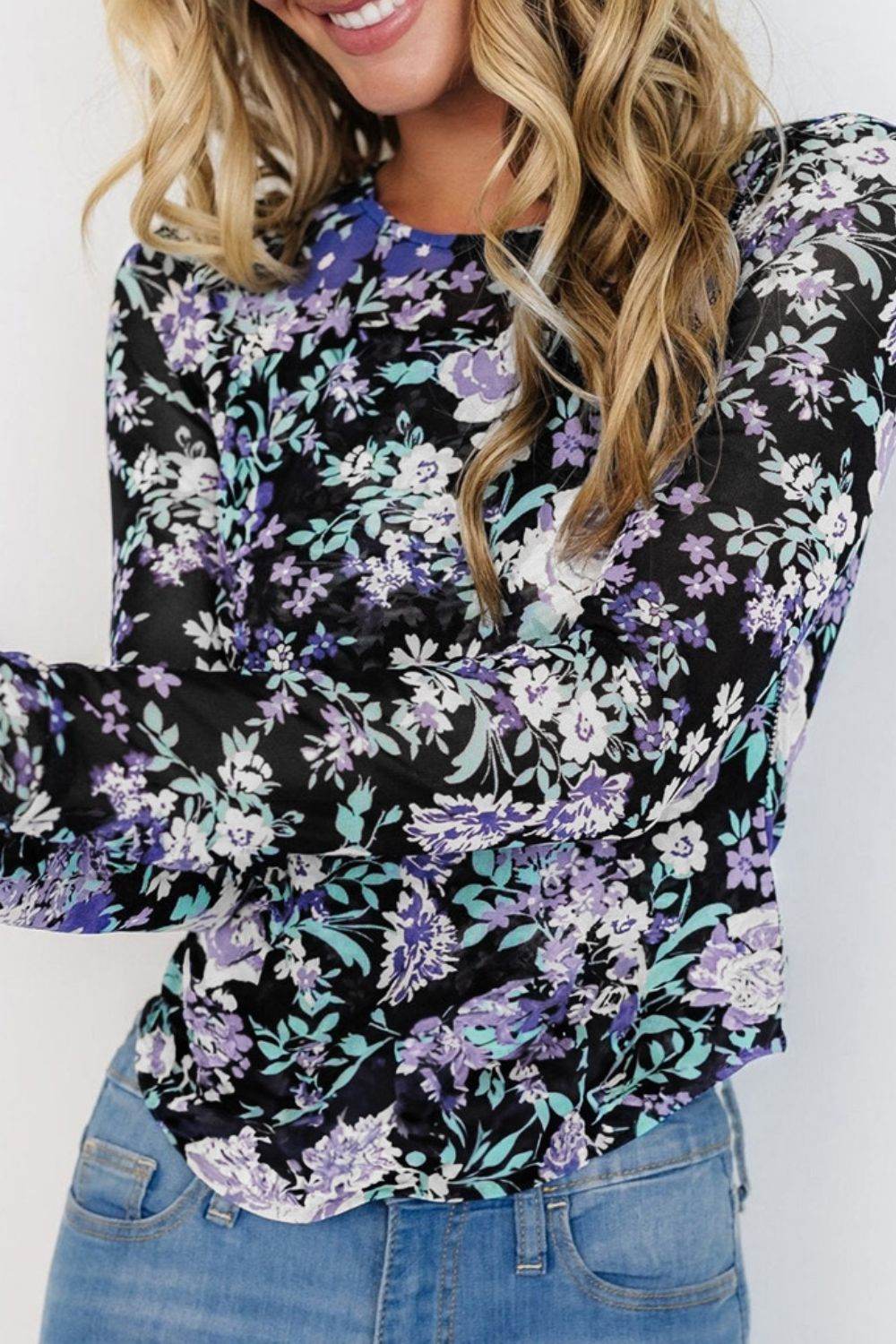 Floral Round Neck Long Sleeve T-Shirt - Amexza