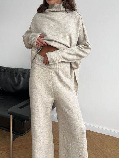 Slit Turtleneck Long Sleeve Top and Pants Sweater Set for a perfect OOTD – dress to impress outfits from Amexza