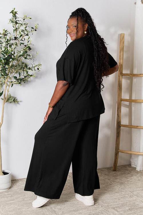 Double Take Full Size Round Neck Slit Top and Pants Set for a perfect OOTD – dress to impress outfits from Amexza