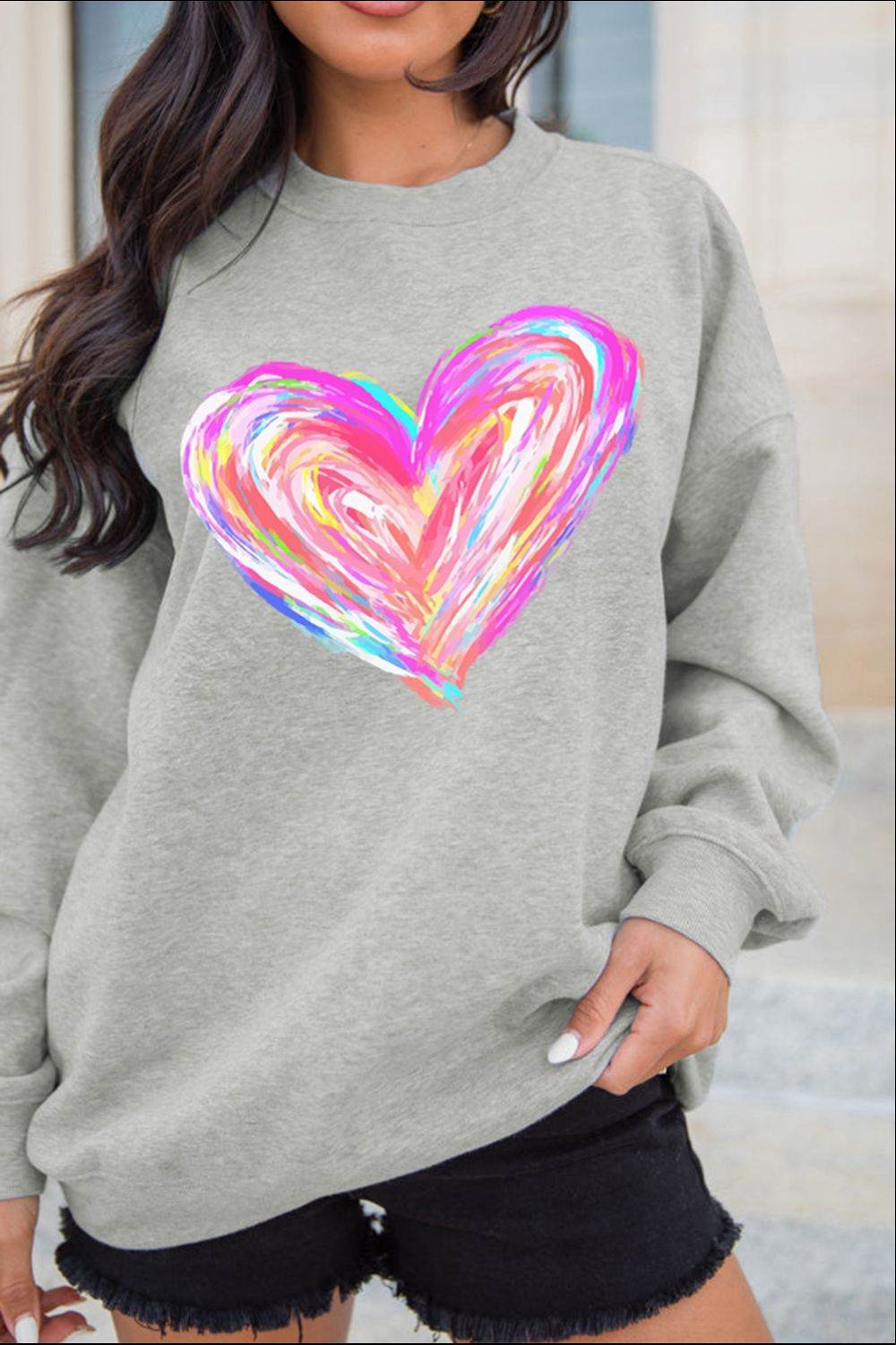 Valentine’s Day Heart Round Neck Drop Shoulder Sweatshirt Gray for a perfect OOTD – dress to impress outfits from Amexza