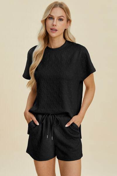 Double Take Full Size Texture Round Neck Short Sleeve Top and Shorts Set Black for a perfect OOTD – dress to impress outfits from Amexza