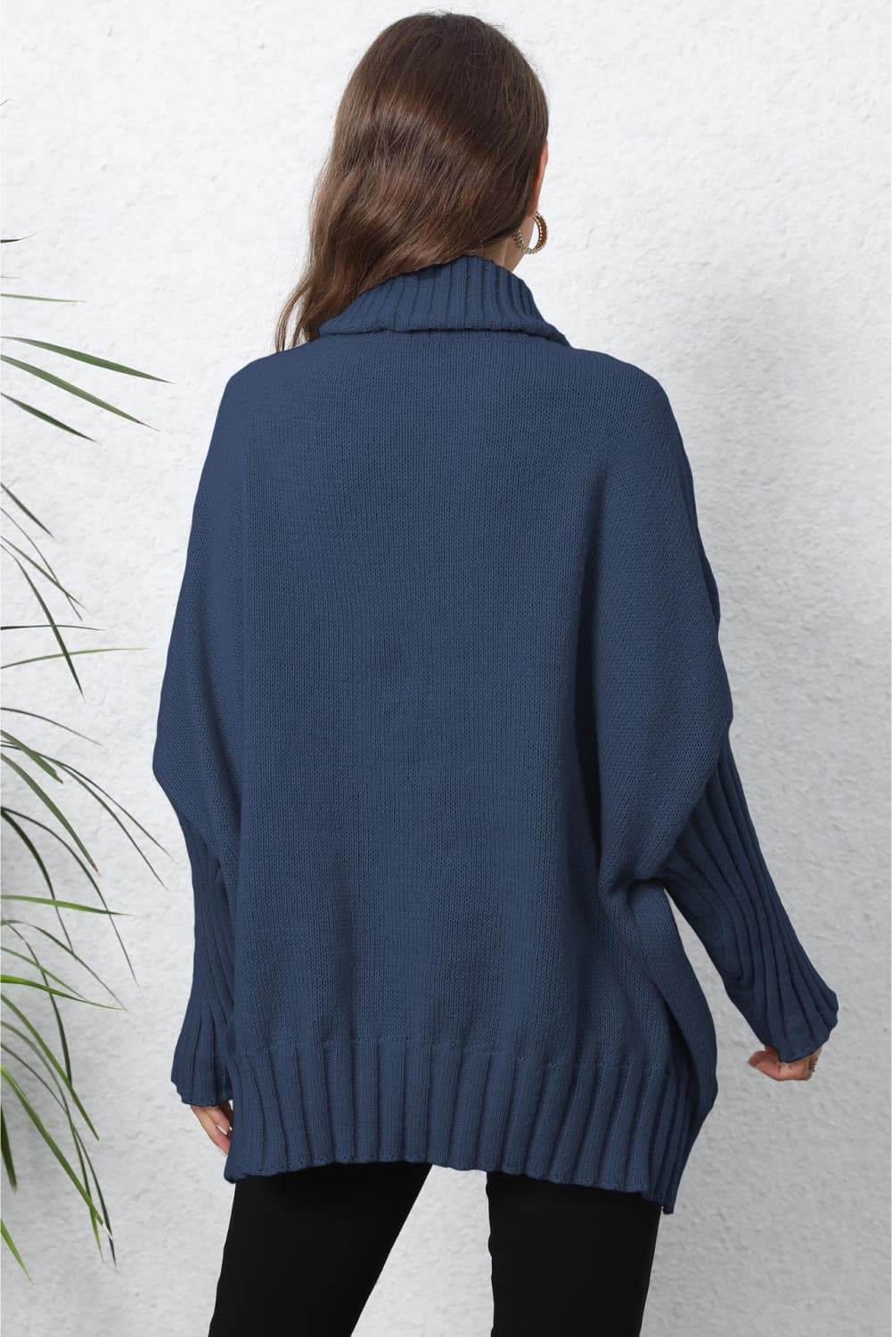 Turtle Neck Long Sleeve Ribbed Sweater - Amexza