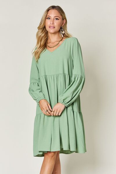 Double Take Full Size V-Neck Balloon Sleeve Tiered Dress with Pockets for a perfect OOTD – dress to impress outfits from Amexza