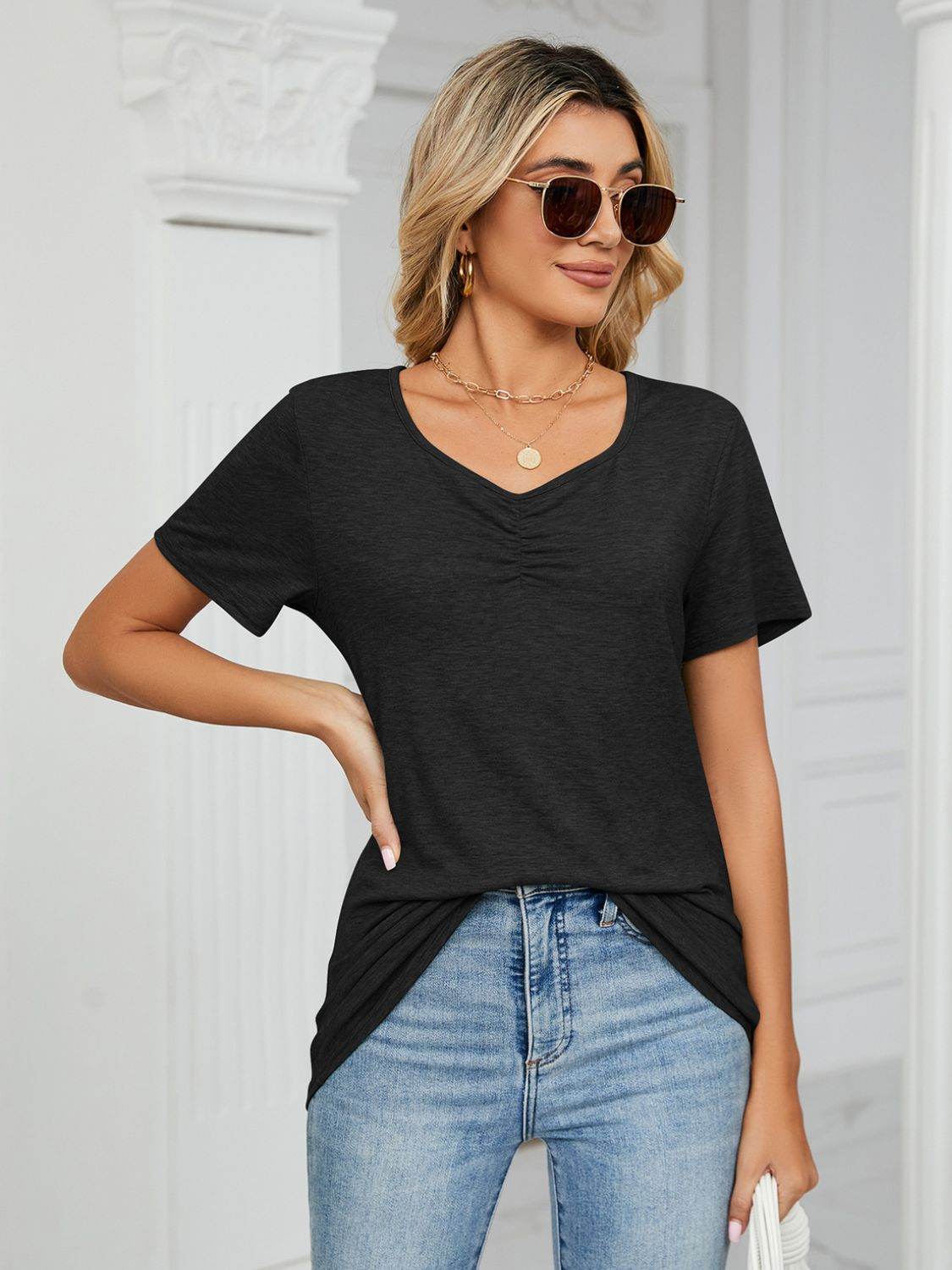 Ruched V-Neck Short Sleeve T-Shirt for a perfect OOTD – dress to impress outfits from Amexza