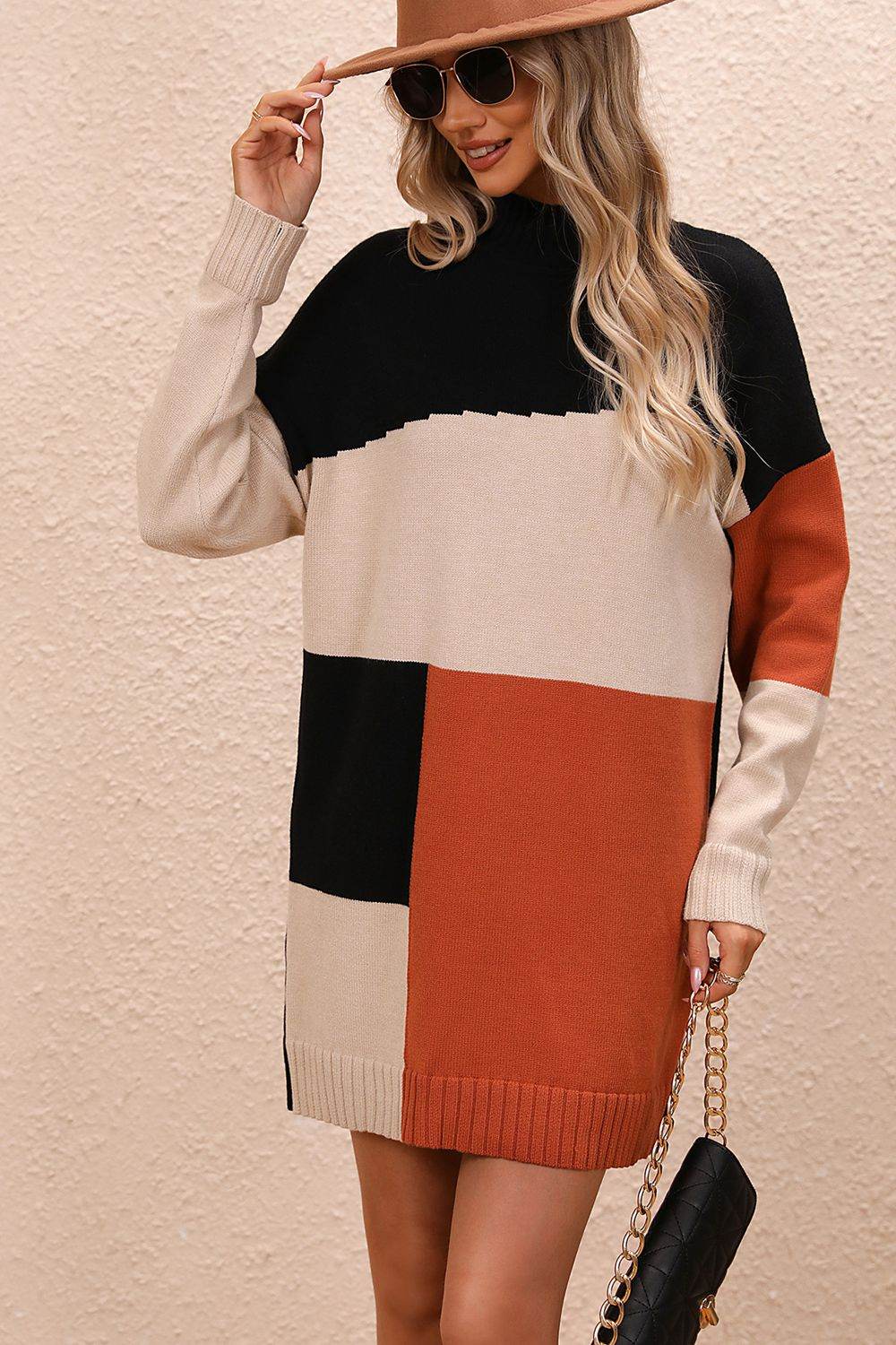 Color Block Mock Neck Dropped Shoulder Sweater Dress for a perfect OOTD – dress to impress outfits from Amexza