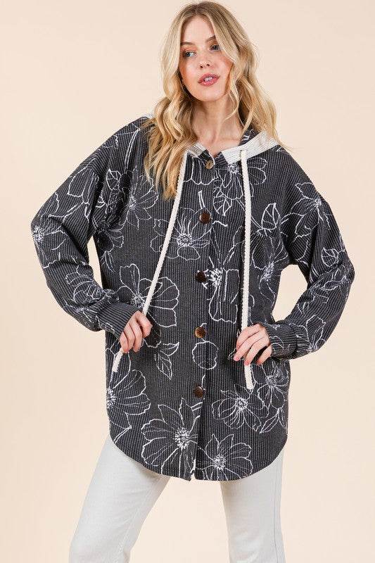 BOMBOM Drawstring Flower Print Button Up Shacket for a perfect OOTD – dress to impress outfits from Amexza