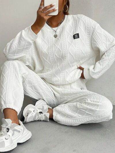 Texture Round Neck Long Sleeve Top and Pants Set White for a perfect OOTD – dress to impress outfits from Amexza