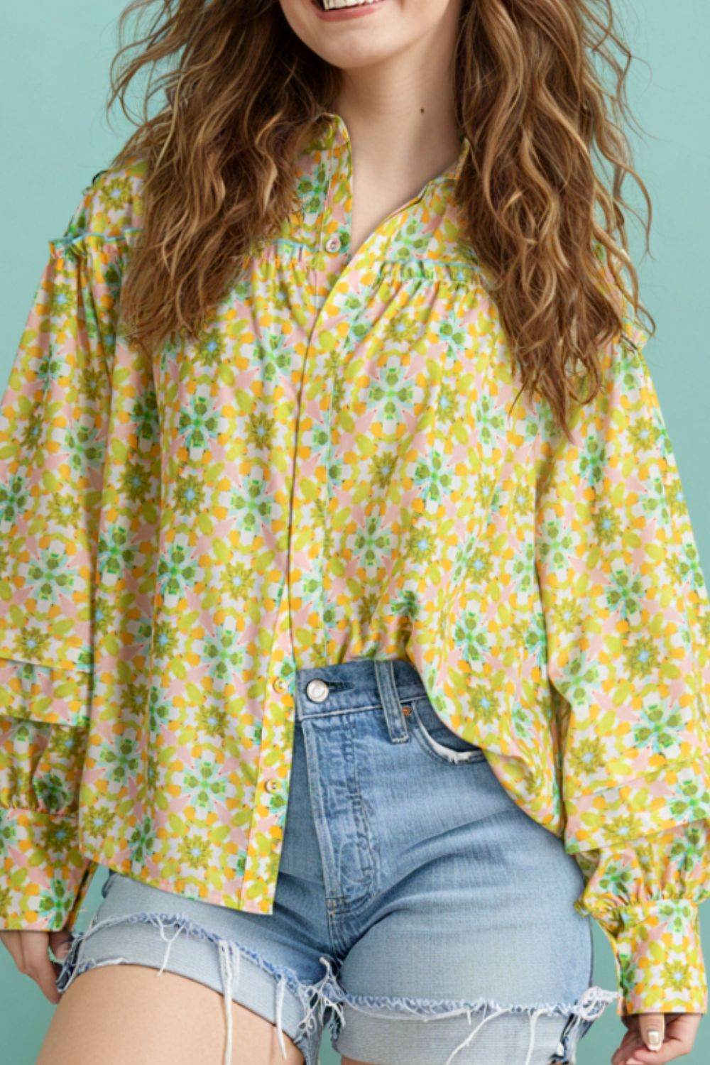 Frill Printed Collared Neck Long Sleeve Blouse Yellow Green for a perfect OOTD – dress to impress outfits from Amexza