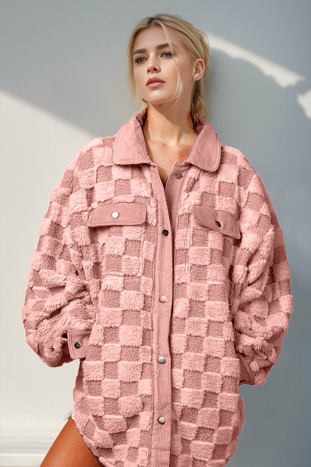 Double Take Button Up Fuzzy Checkered Shacket Dusty Pink for a perfect OOTD – dress to impress outfits from Amexza