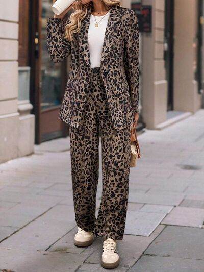 Full Size Leopard Lapel Collar Long Sleeve Blazer and Pants Set - Amexza