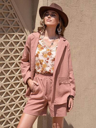 Lace Detail Collared Neck Long Sleeve Top and Shorts Set Dusty Pink for a perfect OOTD – dress to impress outfits from Amexza