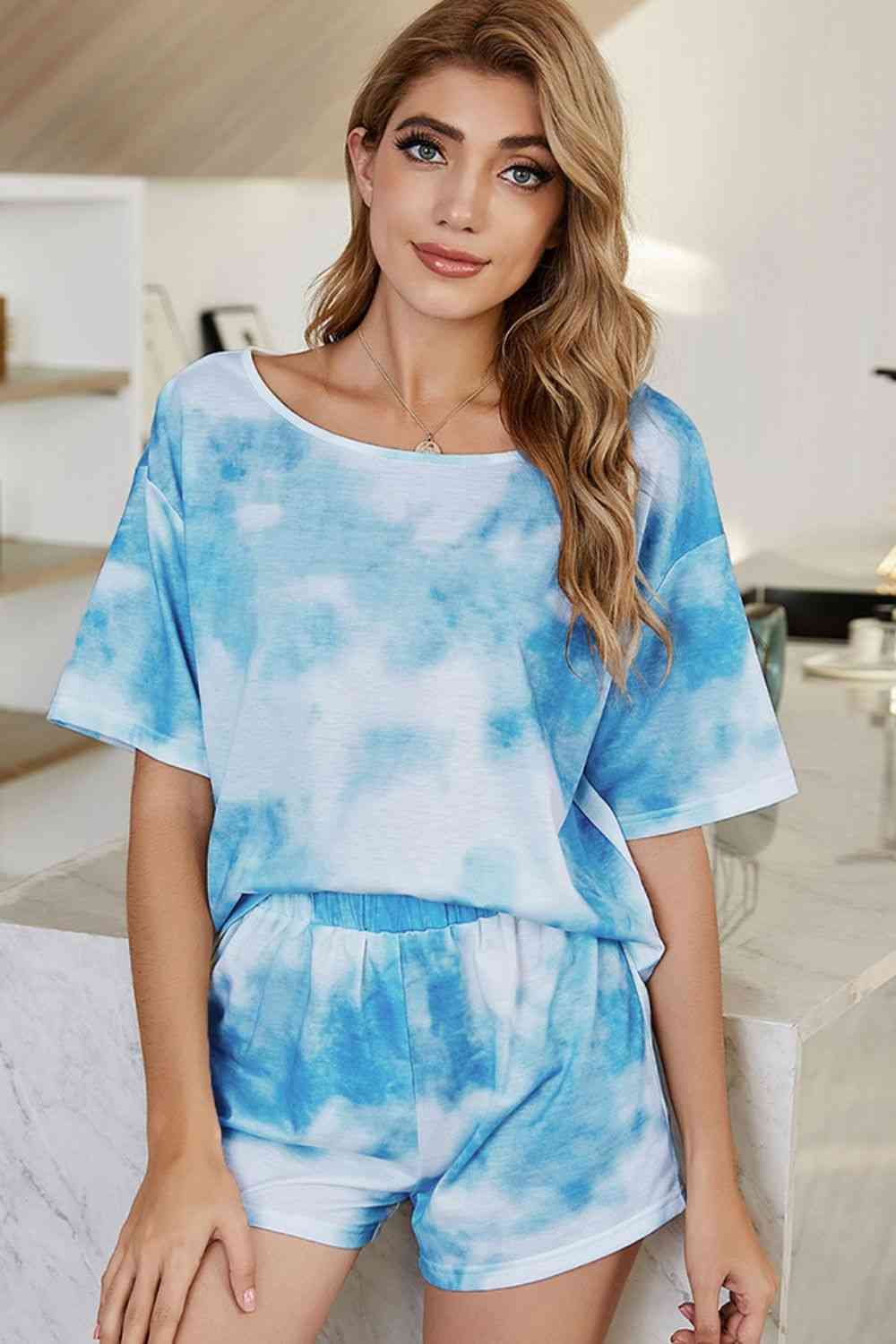 Shiny Tie-Dye Boat Neck Top and Shorts Lounge Set Sky Blue for a perfect OOTD – dress to impress outfits from Amexza