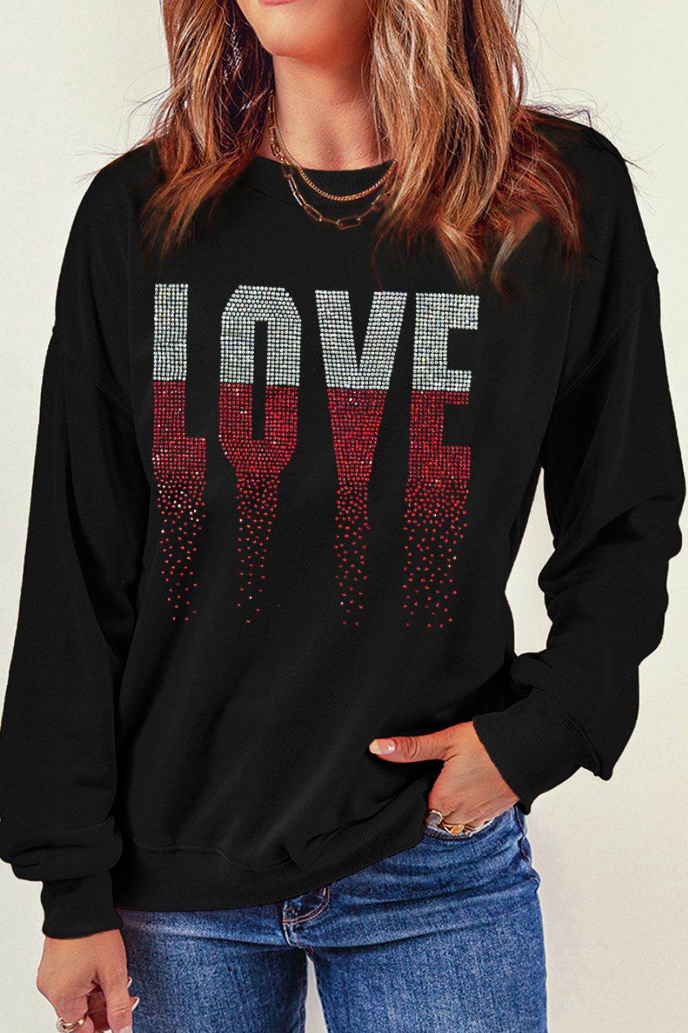 Rhinestone LOVE Round Neck Long Sleeve Sweatshirt for a perfect OOTD – dress to impress outfits from Amexza