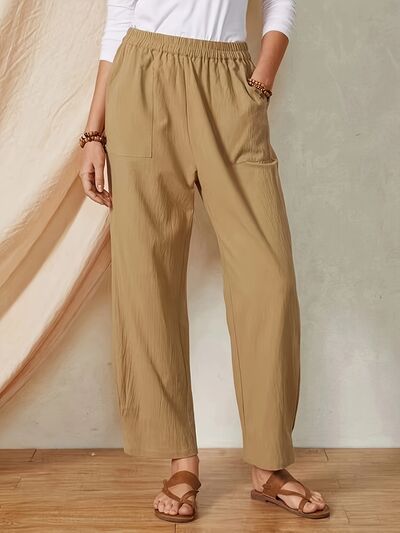 Full Size Elastic Waist Pants with Pockets Camel for a perfect OOTD – dress to impress outfits from Amexza