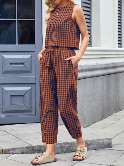 Lovelet Plaid Round Neck Sleeveless Top and Pants Set - Amexza