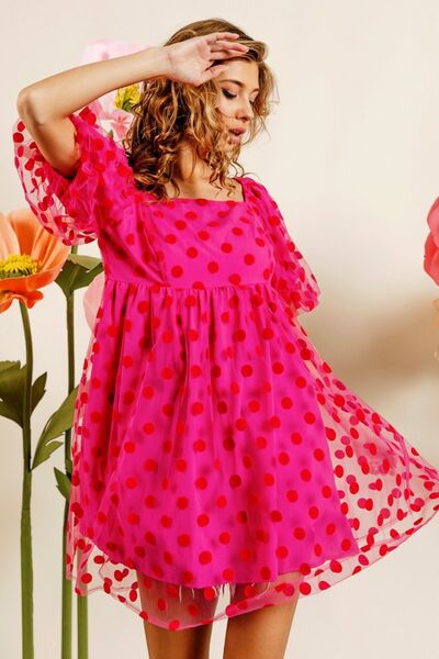 BiBi Polka Dot Mesh Puff Sleeve Dress Fuchsia for a perfect OOTD – dress to impress outfits from Amexza