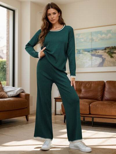 Contrast Trim Round Neck Top and Pants Sweater Set Dark Green One Size for a perfect OOTD – dress to impress outfits from Amexza