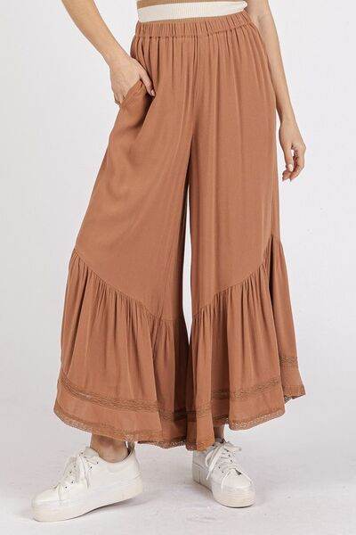 Mittoshop Lace Ruffle Asymmetric Hem Wide Leg Pants Caramel for a perfect OOTD – dress to impress outfits from Amexza