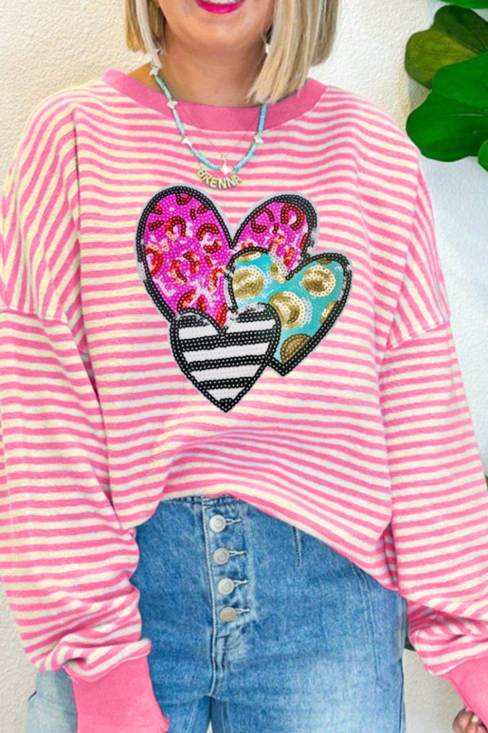 Striped Sequin Heart Round Neck Long Sleeve Sweatshirt Pink for a perfect OOTD – dress to impress outfits from Amexza