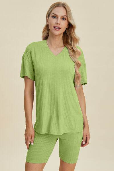 Basic Bae Full Size Ribbed V-Neck Short Sleeve Top and Shorts Set Yellow-Green for a perfect OOTD – dress to impress outfits from Amexza