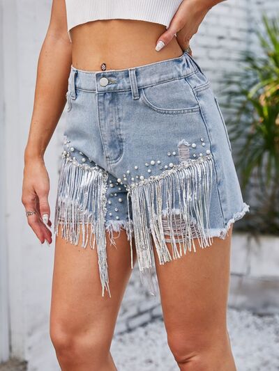 Distressed Pearl Trim Denim Shorts with Pockets for a perfect OOTD – dress to impress outfits from Amexza