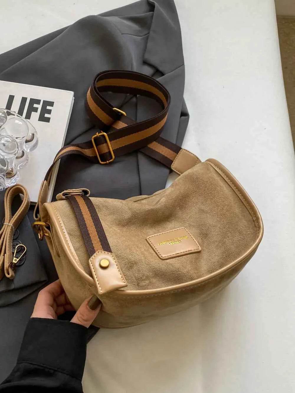 Suede Adjustable Strap Shoulder Bag Camel One Size for a perfect OOTD – dress to impress outfits from Amexza