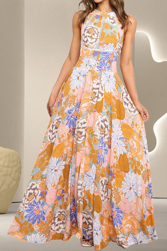 Tied Printed Grecian Sleeveless Maxi Dress - Floral / S