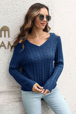 Cold Shoulder V-Neck Cable-Knit Pullover Sweater for a perfect OOTD – dress to impress outfits from Amexza