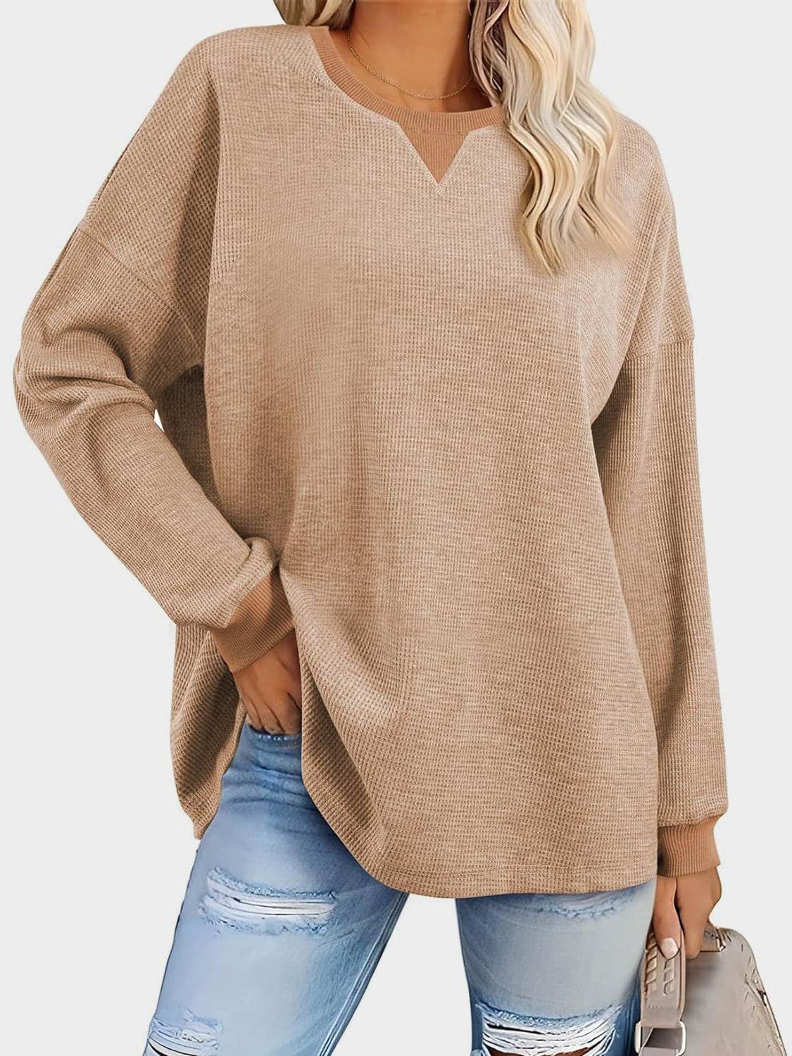 Waffle Knit Round Neck Long Sleeve T-Shirt for a perfect OOTD – dress to impress outfits from Amexza