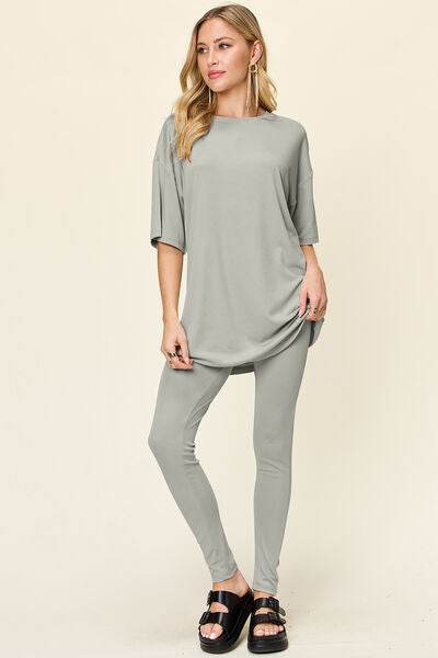 Double Take Full Size Round Neck Dropped Shoulder T-Shirt and Leggings Set Light Gray for a perfect OOTD – dress to impress outfits from Amexza