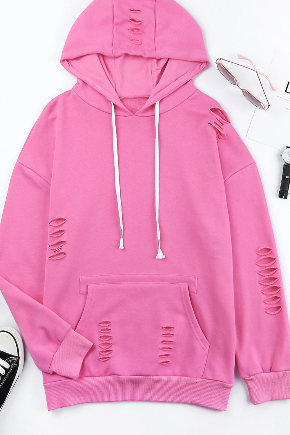 Distressed Drawstring Long Sleeve Hoodie for a perfect OOTD – dress to impress outfits from Amexza