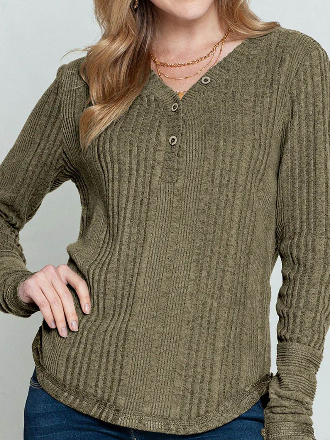 Textured V-Neck Long Sleeve T-Shirt for a perfect OOTD – dress to impress outfits from Amexza