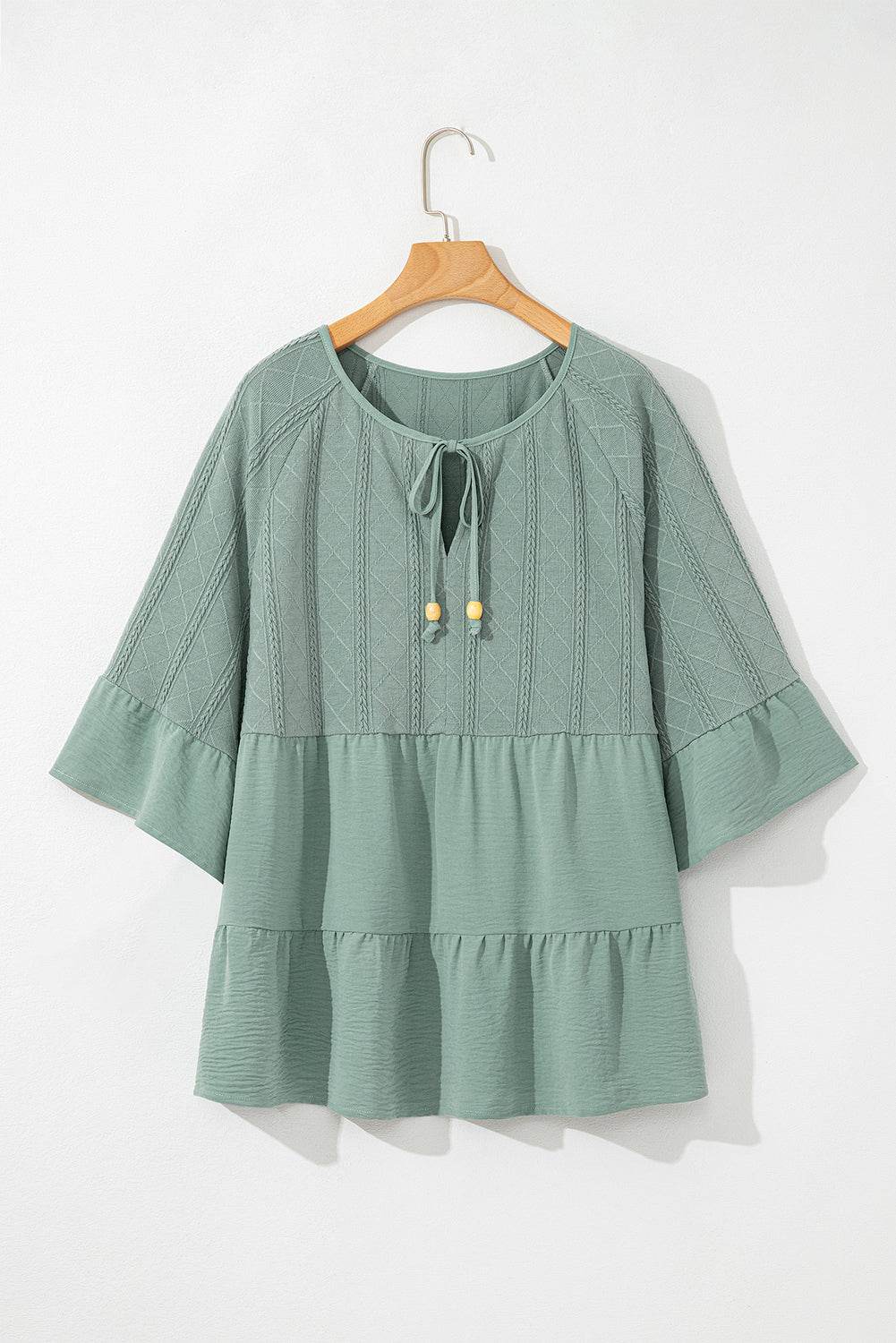 Ruffled Tie Neck Three-Quarter Sleeve Blouse for a perfect OOTD – dress to impress outfits from Amexza