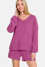 Zenana V-Neck Long Sleeve Ribbed Top and Shorts Set for a perfect OOTD – dress to impress outfits from Amexza