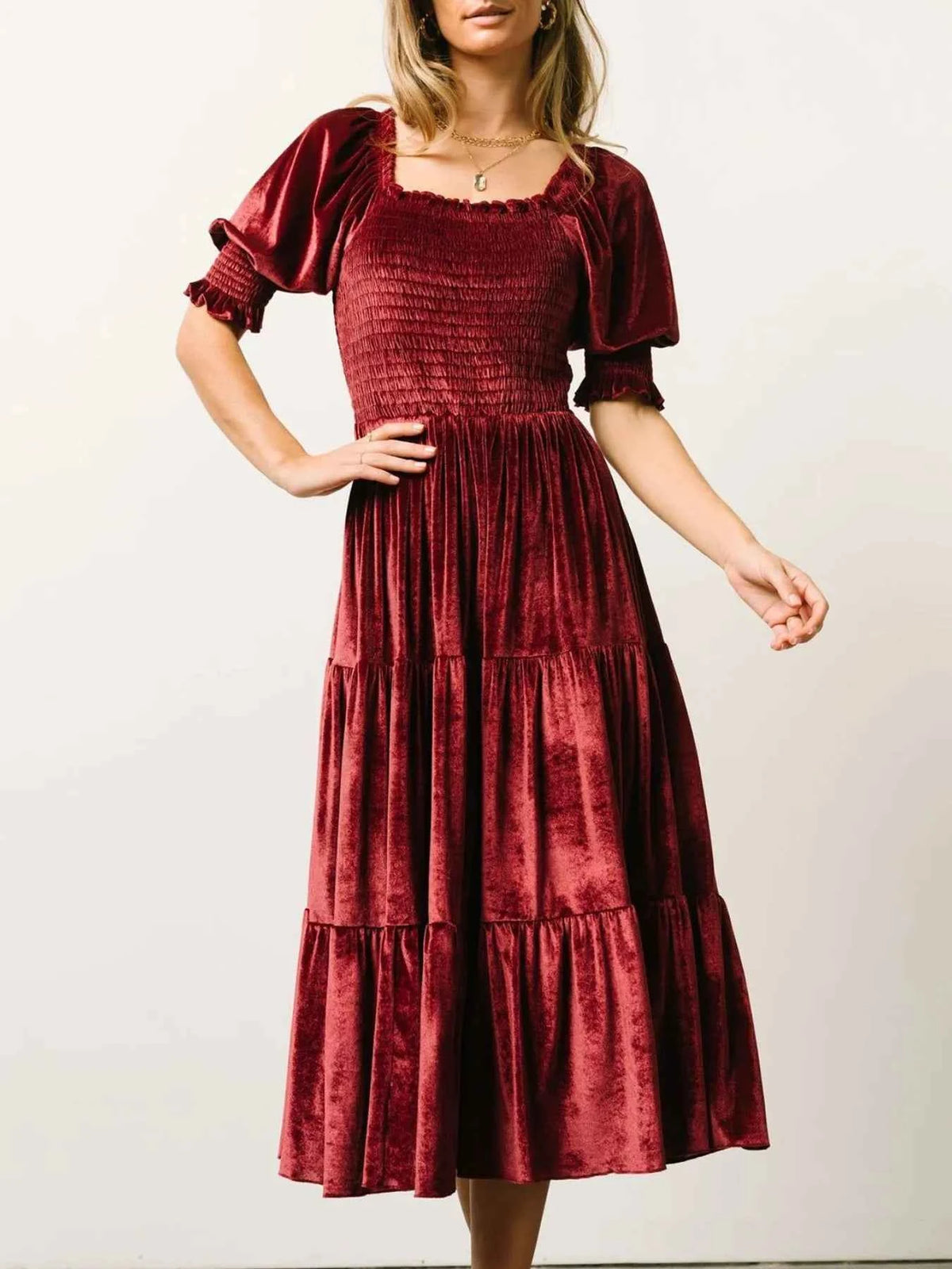 Smocked Half Sleeve Tiered Midi Dress