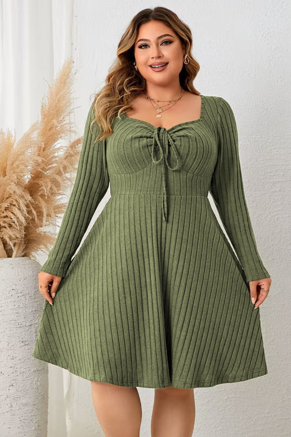 Honey Plus Size Sweetheart Neck Long Sleeve Ribbed Dress - Matcha Green / 1XL