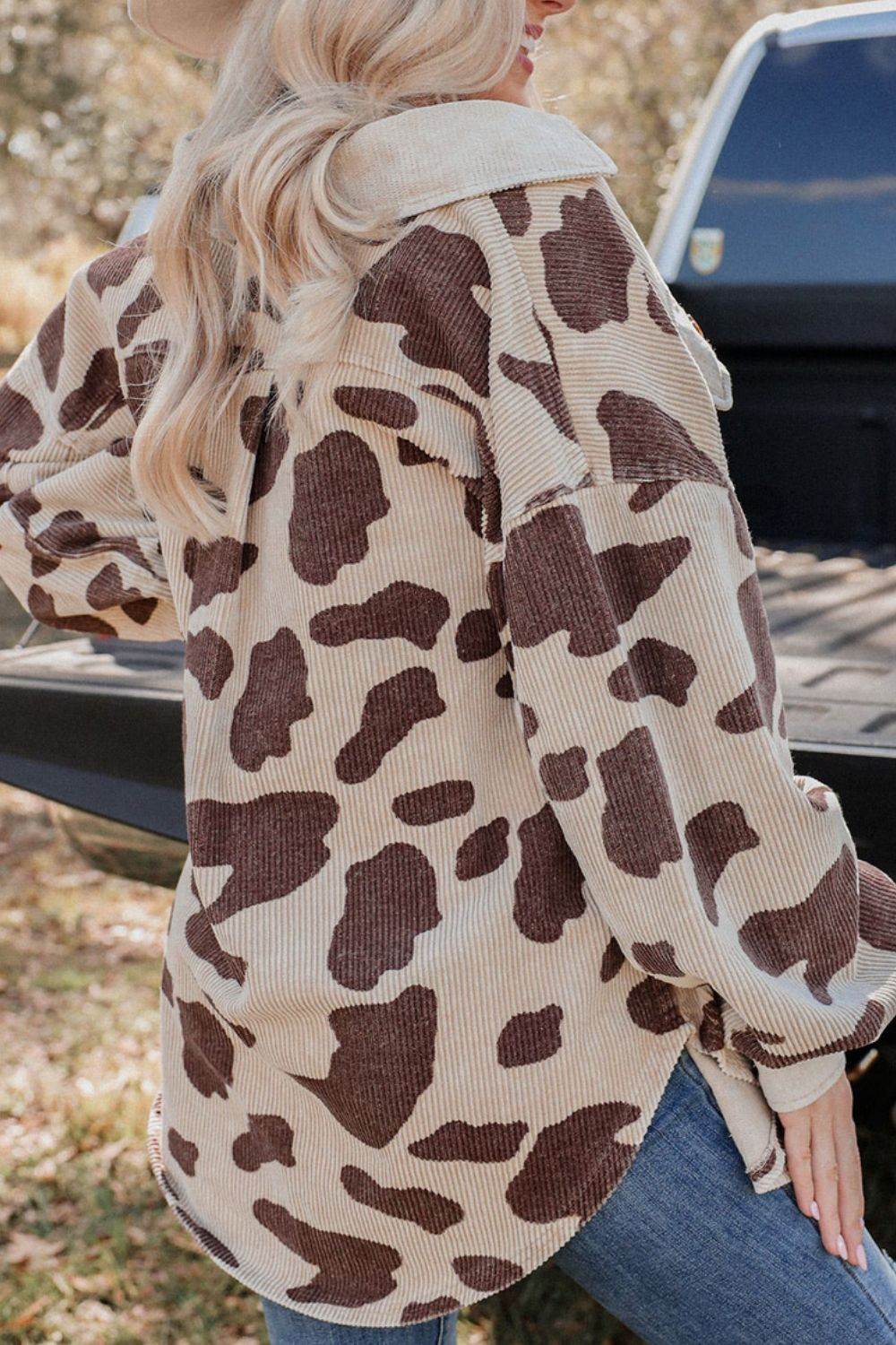 Cow Print Button Up Corduroy Shacket for a perfect OOTD – dress to impress outfits from Amexza