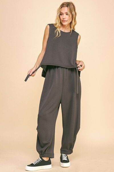 Davi & Dani Drawstring Hem Round Neck Tank and Pants Set - Amexza