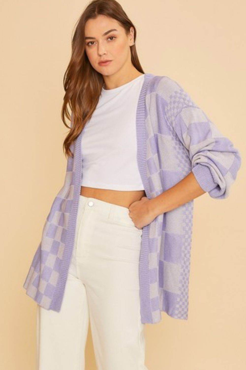 Annie Wear Checkered Open Front Drop Shoulder Cardigan Lavender for a perfect OOTD – dress to impress outfits from Amexza