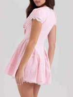 Gingham Ruffle Mini Dress with Lace Trim