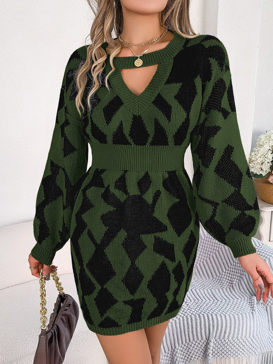 Contrast Round Neck Cutout Long Sleeve Mini Sweater Dress for a perfect OOTD – dress to impress outfits from Amexza