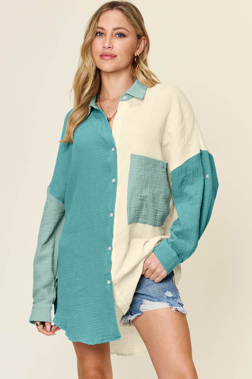 Double Take Full Size Pocketed Texture Button Up Shirt Teal for a perfect OOTD – dress to impress outfits from Amexza