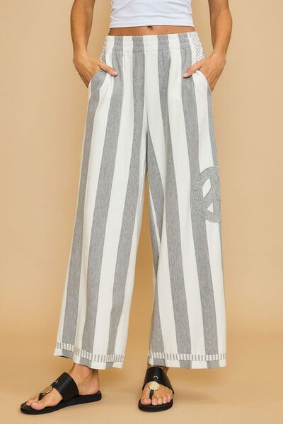 Umgee Peace Sign Patch Striped Wide Leg Pants Gray for a perfect OOTD – dress to impress outfits from Amexza