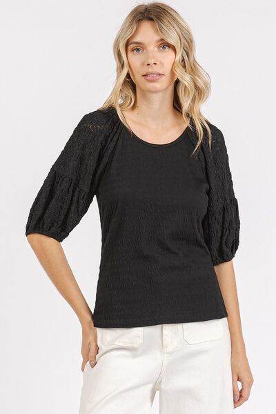 Mittoshop Mixed Media Textured Knit Popcorn Puff Sleeve Blouse for a perfect OOTD – dress to impress outfits from Amexza