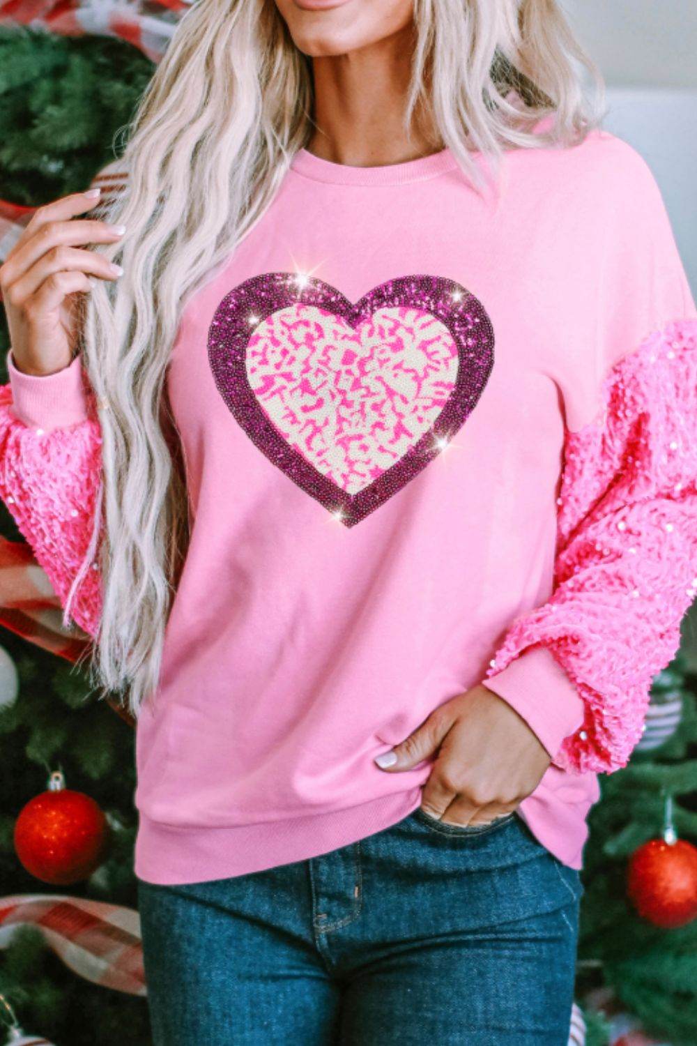 Valentine’s Day Sequin Heart Long Sleeve Sweatshirt - Amexza