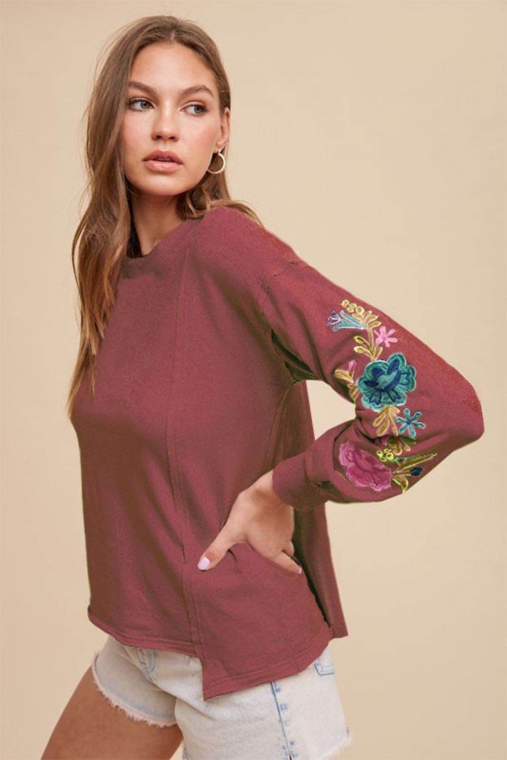 Annie Wear Embroidered Long Sleeve French Terry Top Burgundy for a perfect OOTD – dress to impress outfits from Amexza